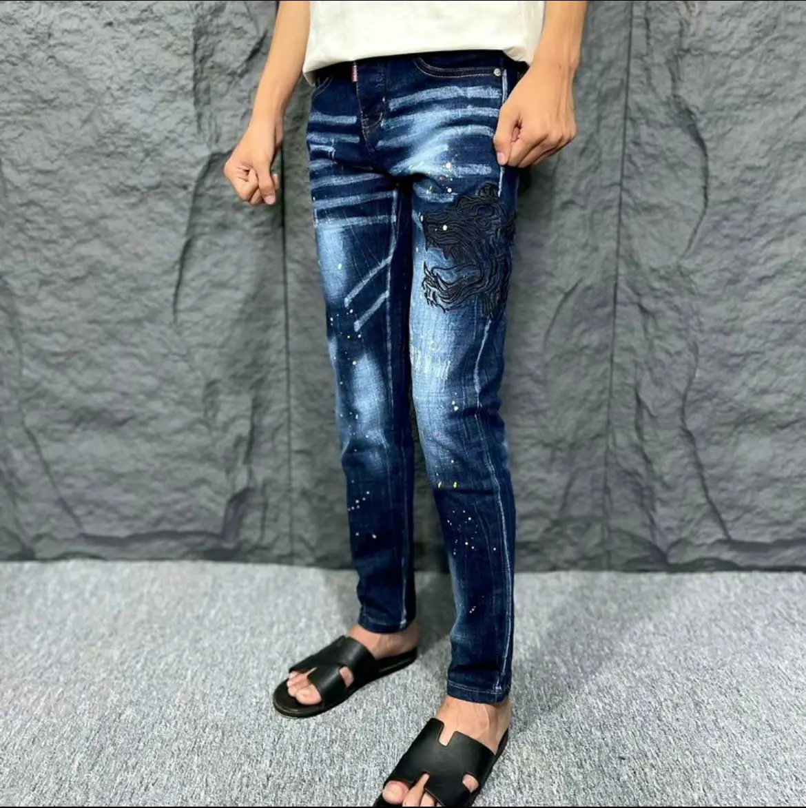 Quần dài jean nam xanh 4 cúc thêu mặt hổ vẩy sơn chất jean co giãn phong cách thời trang hottrend Menswear Pants Có Túi