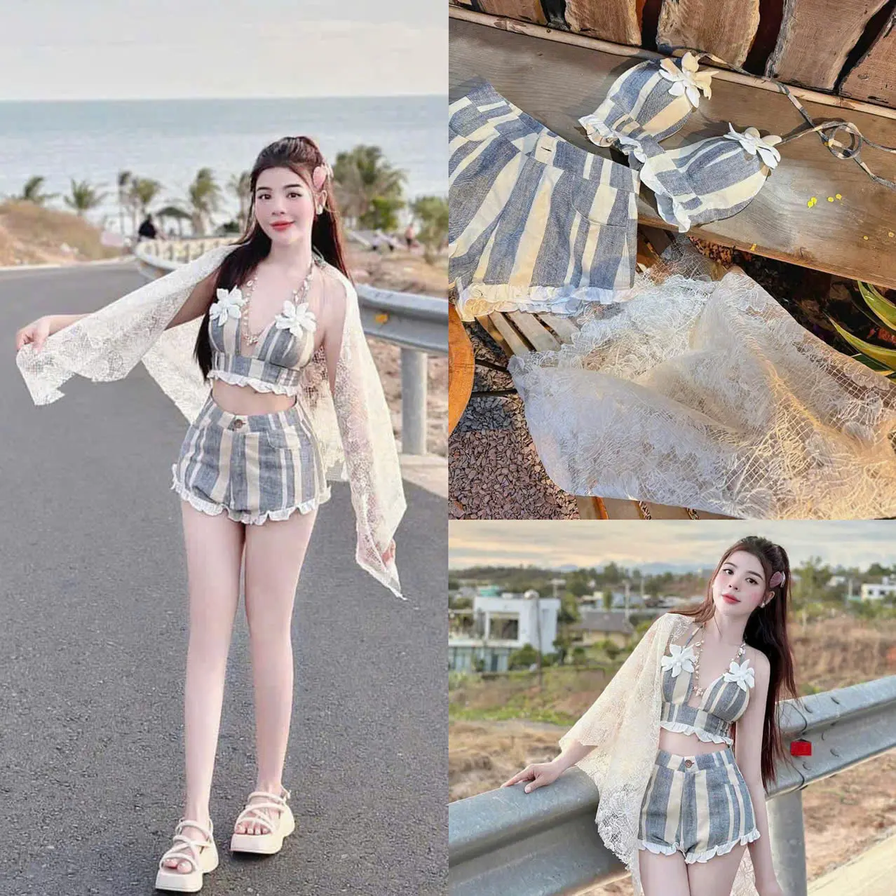 Sét 3 món đi biển hottrend mùa hè năm nay sét kaki áo bra cổ yếm đính hoa 2 bên ngực phối bèo ở eo mix quần đùi lai bèo trắng kèm khăn ren