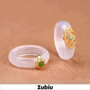 [Zubiu]Cincin jari telunjuk giok putih resin, cincin bunga wanita Y633