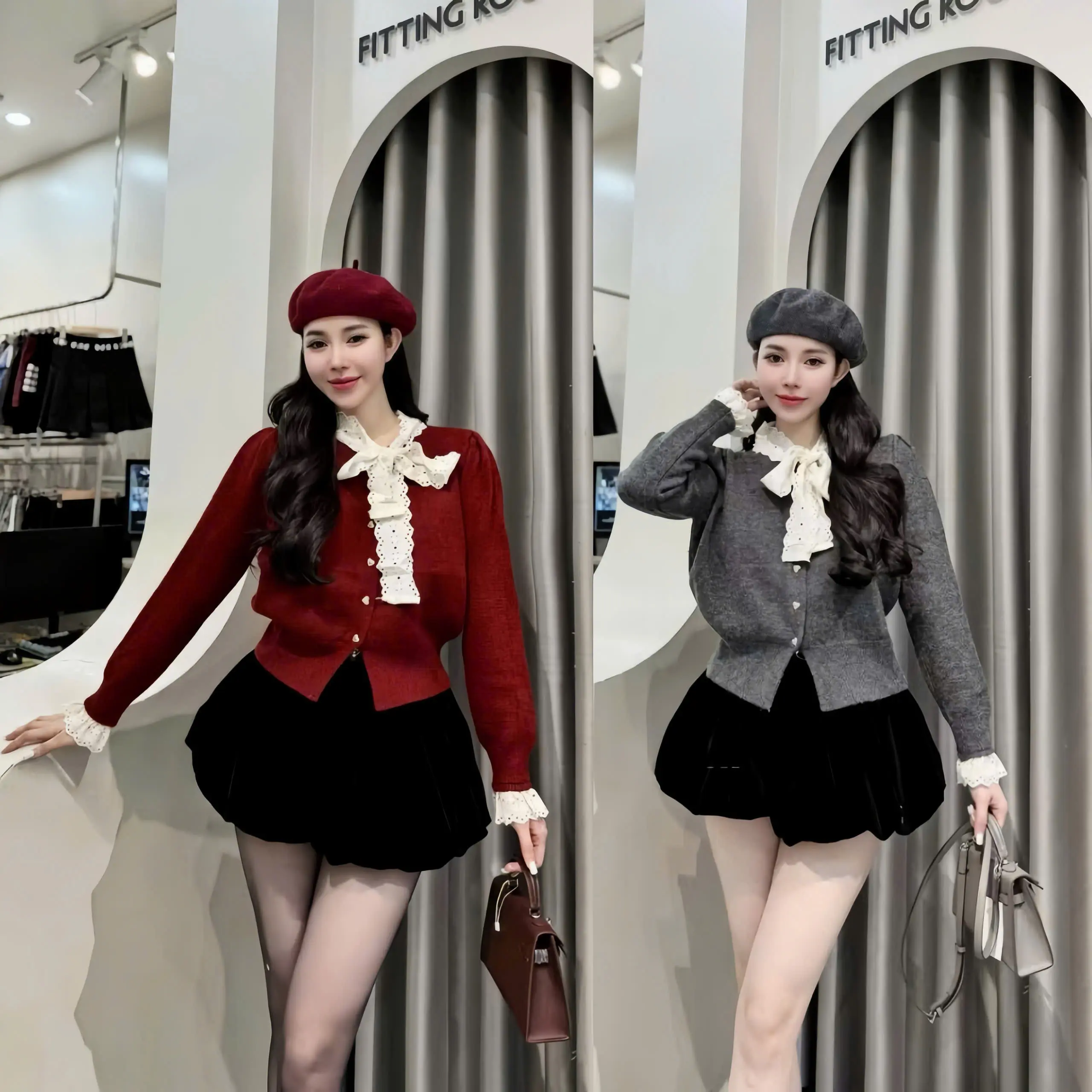 Áo len nữ phong cách tiểu thư cổ điển, kiểu dáng cardigan cổ thủy thủ phối ren xinh xắn