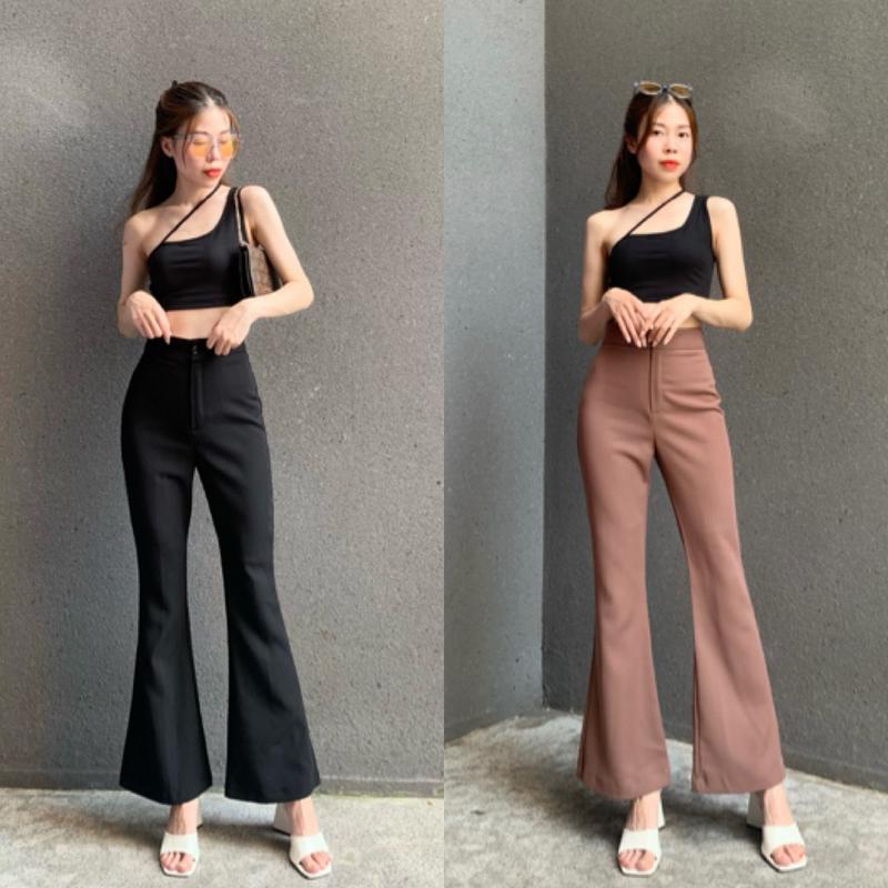  Quần Ống Loe  HANIE DESIGN  Quần tây quần âu công sở nữ cạp cao 1 cúc dáng dài chất mango chéo - Q23.003 Pants Jean 