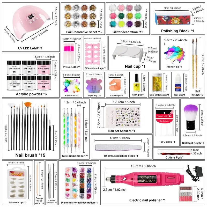 Complete Acrylic Nail Kit for Beginners, 1 Set Professional Acrylic Manicure Kit with UV LED Nail Lamp & Glitter Sequins, Powder, Nail Brushes and Pens 1