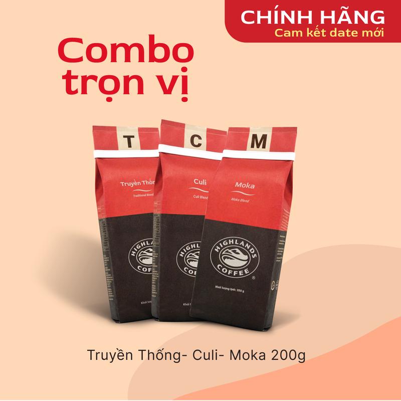 [Combo Trọn Vị] Bộ 3 Cà phê rang xay Culi, Moka, Truyền Thống Highlands Coffee 200g Cafe 3