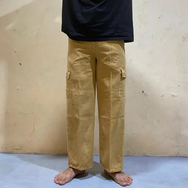 Celana Jeans Cargo Highwaist Loose Wanita Cream 1