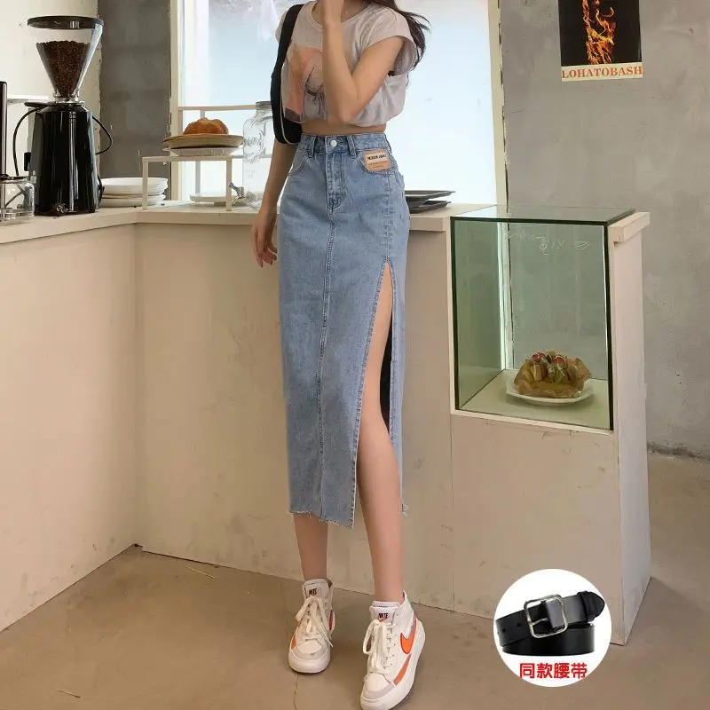 Online celebrity side slit denim skirt for women, summer thin style, high waist slit, slim-fitting, hip-hugging, A-line mid-length skirt Bottom Lingerie Comfort Basic Minimalist