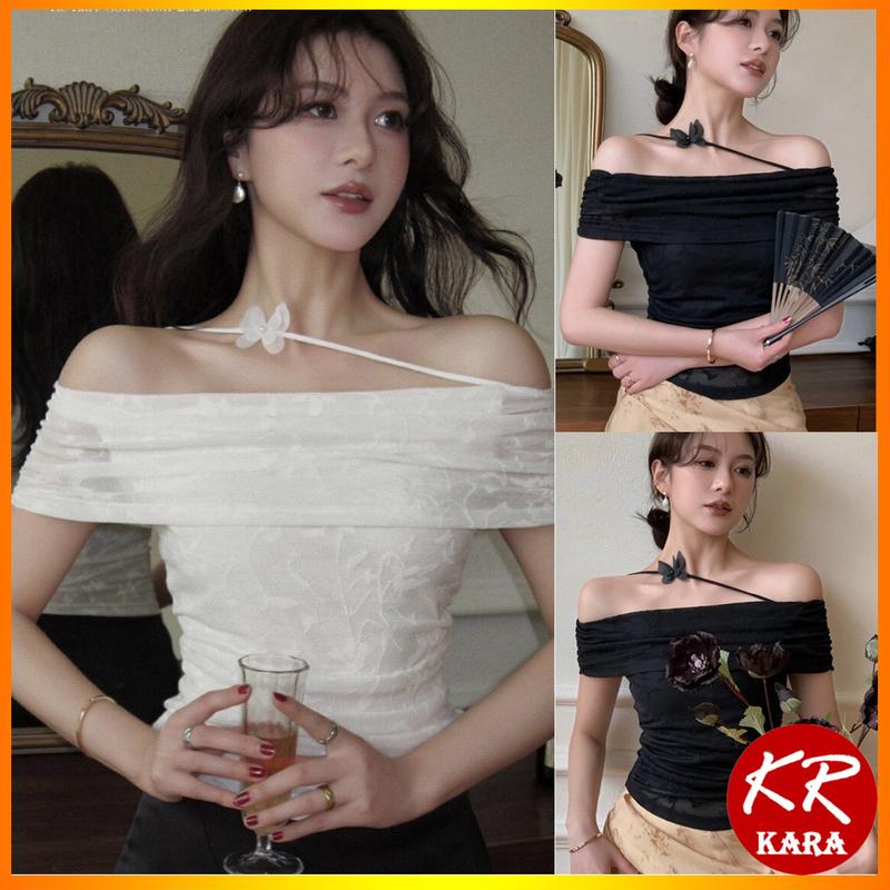 Áo Trễ Vai Có Nơ Xinh Xắn, Áo Trễ Vai Ôm Body, Áo Trễ Vai Dành Cho Nữ KARA 527- Vải thun ren co giãn, 2 lớp