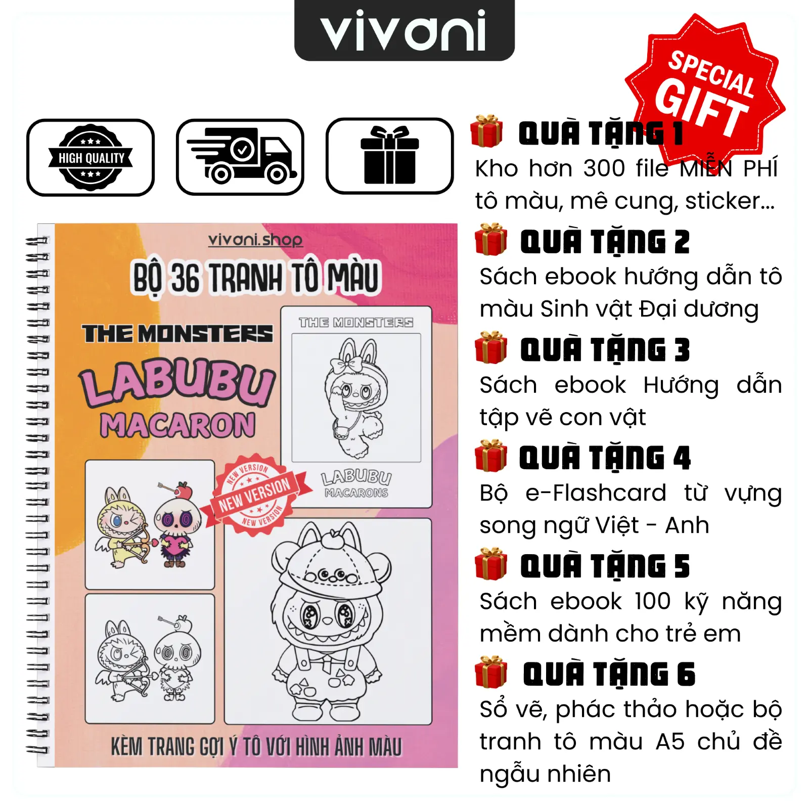 Bộ 36 Tranh tô màu Quái vật thỏ - The Monsters Labubu Macaron New Version TM012 - Giấy A4 , A5 kích thước lớn Toy Đồ Chơi