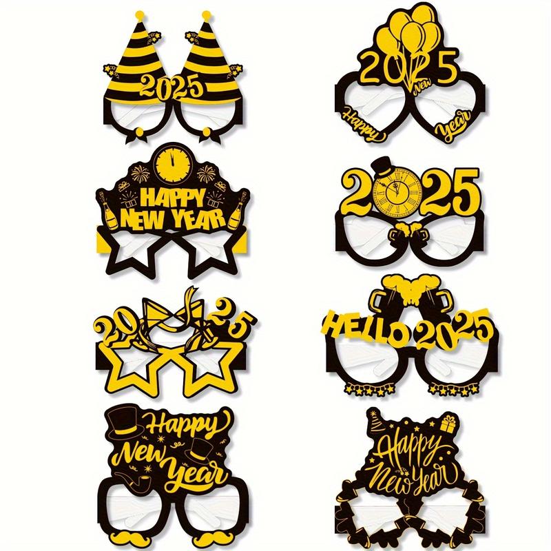 Product Introduction of 16pcs Happy New Year 2025 Photo Booth Props, Black and Golden Paper Glasses, Universal Size, New Year'S Eve Party Supplies and Decorations Accessory Masks 3