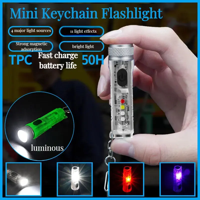 (dihantar dari Malaysia) Lampu senter mini LED cahaya kuat UV cahaya jauh sumber-cahaya-berbilang ultra-cahaya flash bergerak multi-fungsi boleh dimuatkan semula lampu magnet rantai kunci luar Home Lighting Portable