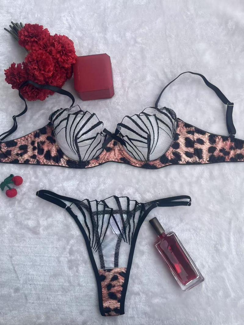 Product Introduction of Women's Leopard Print Sheer Bra & Panty Two-piece Set, Adjustable Strap Bra & Panty, Lingerie Set for Women 1