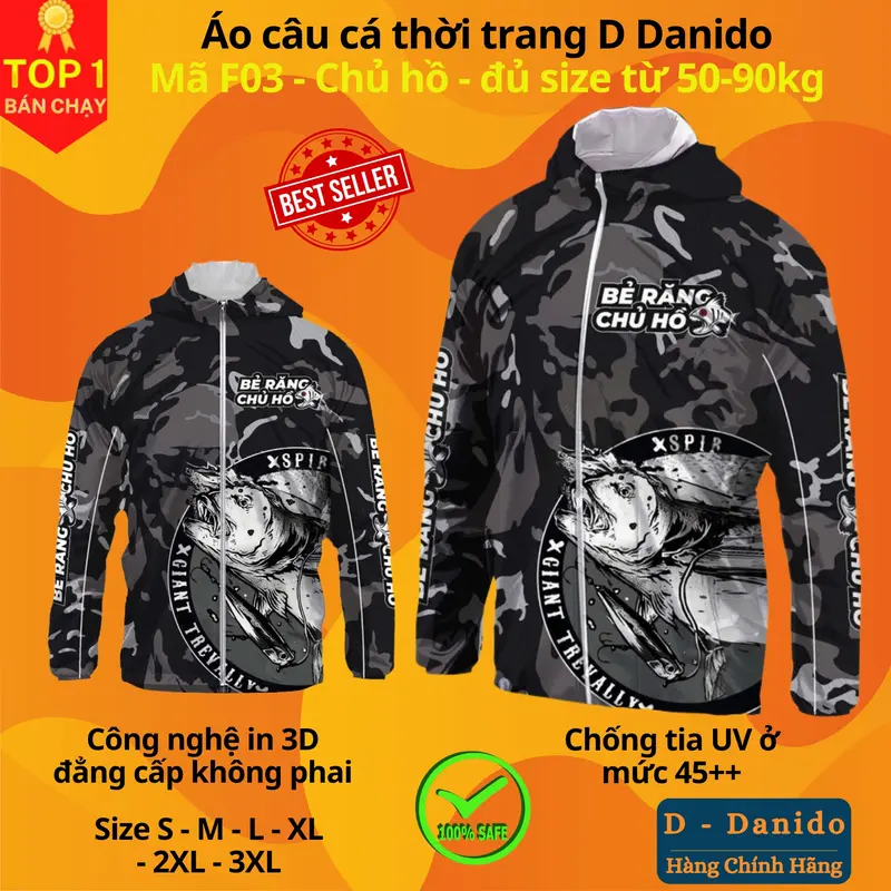 Áo câu cá thời trang chống nắng F03 đen trắng đủ size từ 50-85kg - Áo đi câu chất liệu chống tia UV cao cấp D Danido Sport 2
