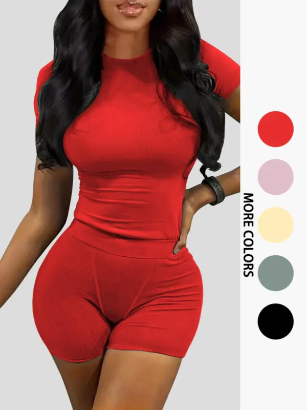 Women's Solid Ribbed Top & Skinny Shorts Set, Casual Comfy Round Neck Tee & Shorts For Yoga Gym Workout, Summer Clothes, Co ord Set Summer, Ladies Summer Clothing 4