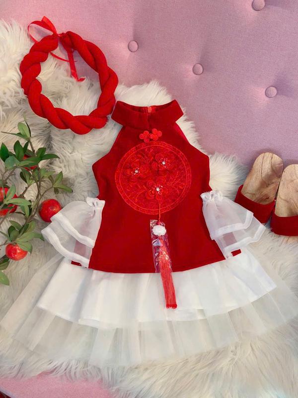   Tặng Mấn  Set Áo Yếm Nhung Cách Tân Phối Chân Váy Hoặc Quần Cho Bé Từ 1-10 Tuổi Màu Đỏ May Mắn Size 10kg-35kg Phong Cách Hiện Đại Sang Trọng 