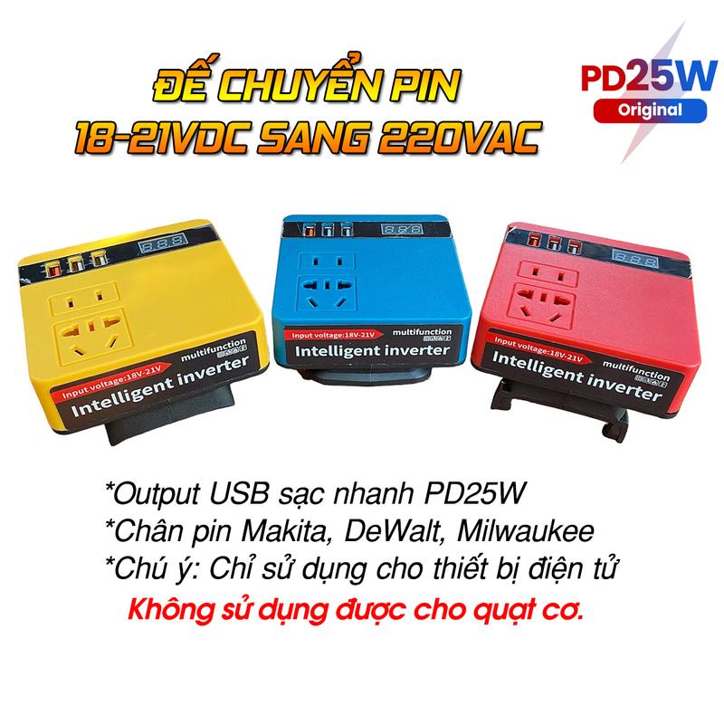 Đế chuyển pin 18V-21V sang 220V và USB sạc nhanh PD25W (Chân pin Makita, DeWalt, Milwaukee)