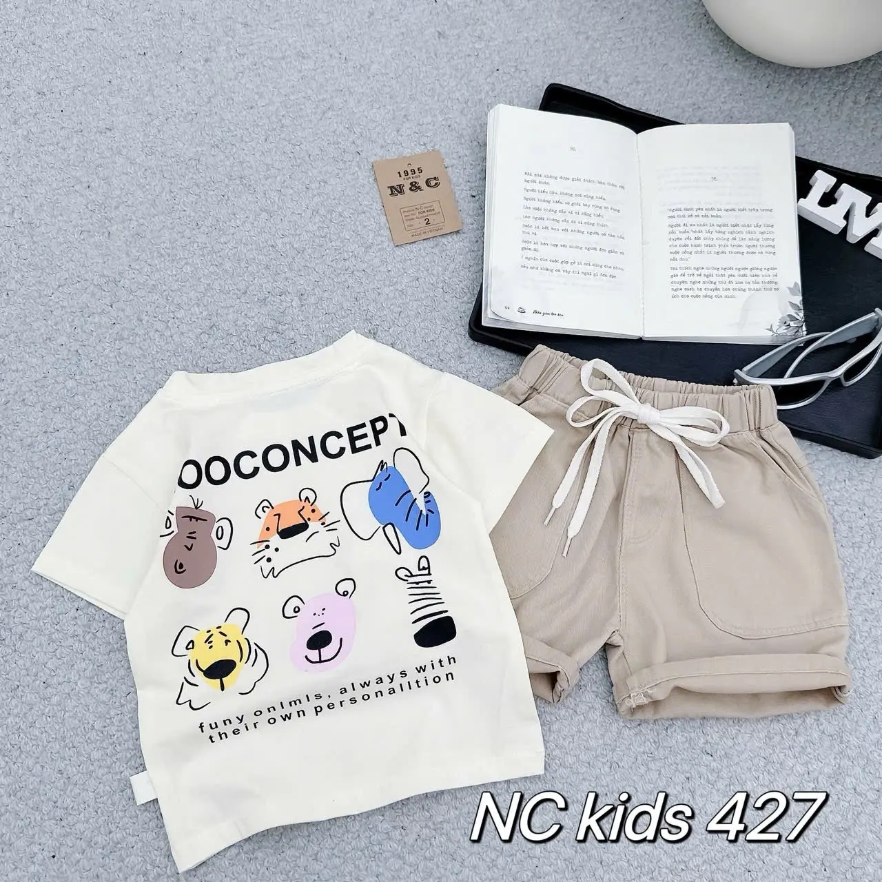[ Linh An kids ] [7-30kg] Set áo cộc tay ZOO in 2 mặt áo màu be cotton co giãn kèm quần kaki mềm cho bé trai, thời trang cho bé