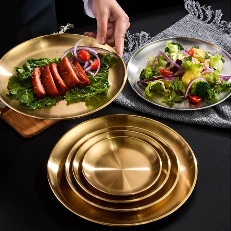 Stainless Steel Round Tray, 5 Counts/set Round Serving Tray, Dessert Serving Tray for Home Kitchen Party, Kitchen Accessories 2