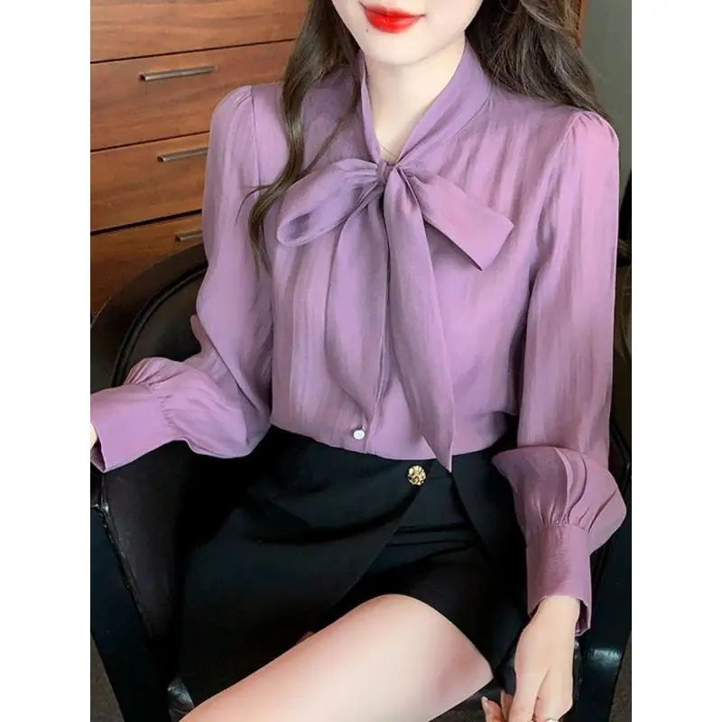 Áo Sơ Mi Voan Dài Tay, Thiết Kế Nơ Cao Cấp, Dành Cho Nữ, Bộ Sưu Tập Mùa Thu 2024, Phong Cách Phương Tây Dễ Phối Đồ Hàng Mới Về, Áo Sơ Mi Nhỏ Áo Mùa Thu 6