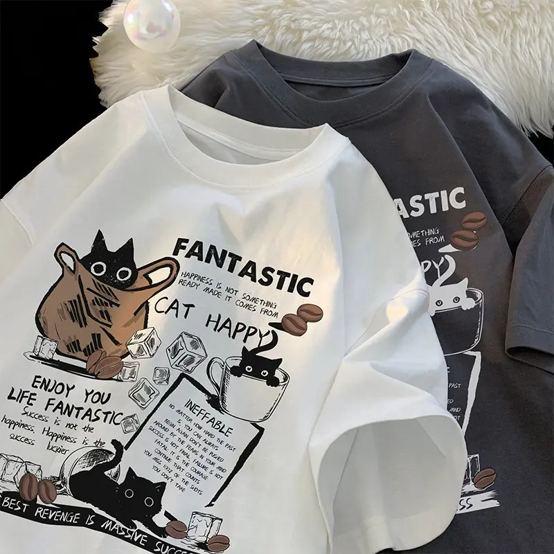 ACE BEAUTY Pullover Oversize Korean version Cartoon Cat Group Printed T-Shirt men's shirt Men And Women Couples T-Shirt