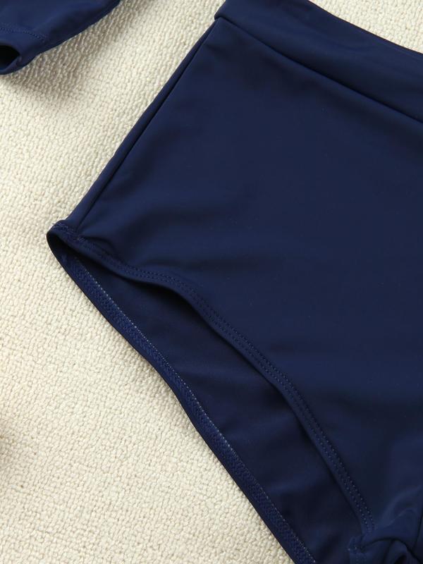 Women's Solid Zip Up Crop Top & Shorts Racing Swimsuit Set, Long Sleeve Round Neck Top & Skinny Shorts, Swimsuit for Women 8