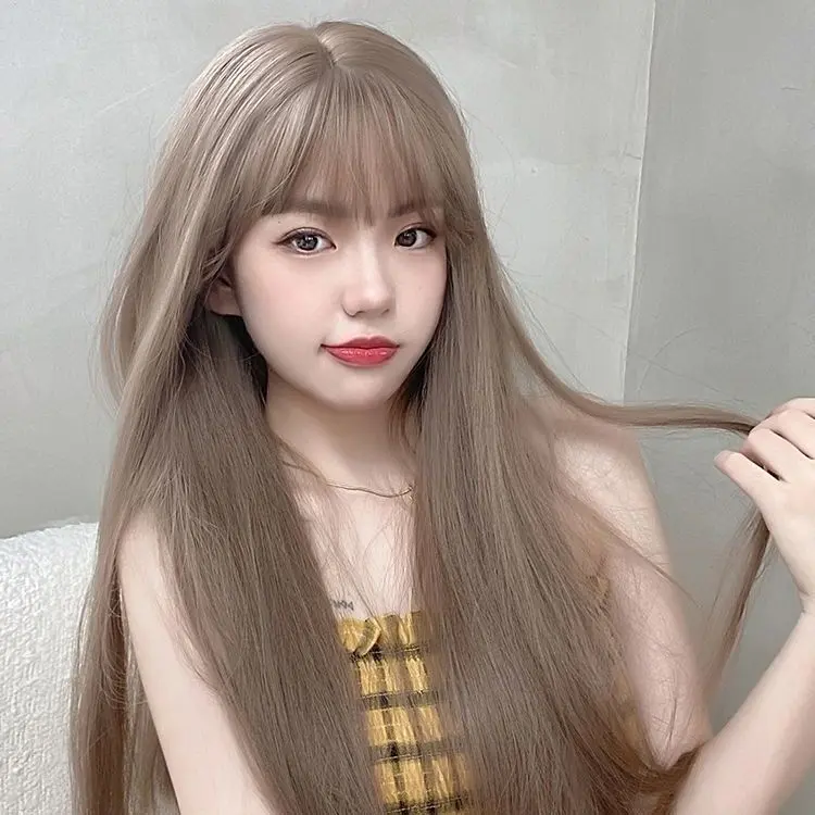 Wig Female Long Hair Natural Air Bangs Full-Head Wig Type Realistic Long Straight Hair Simulation Net Red Medium Long Hair Wig Sheath hairwig