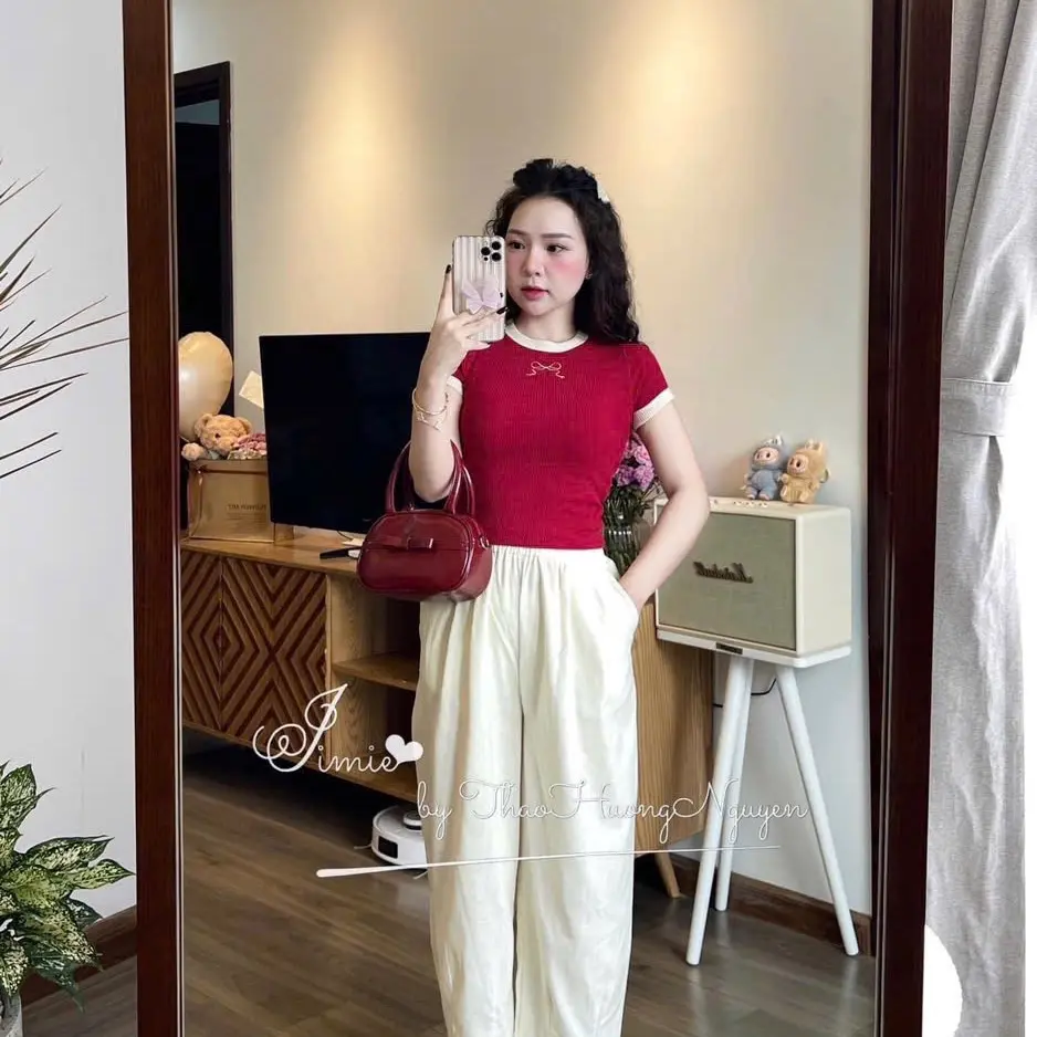Sét bộ áo thun cổ tròn thêu nơ kết hợp quần ống xuông phối ren thời trang  Women