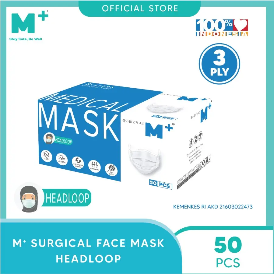 Masker Medis Hijab/Headloop Putih M+ 3 Ply - Masker Isi 50 Pcs Mask Karet