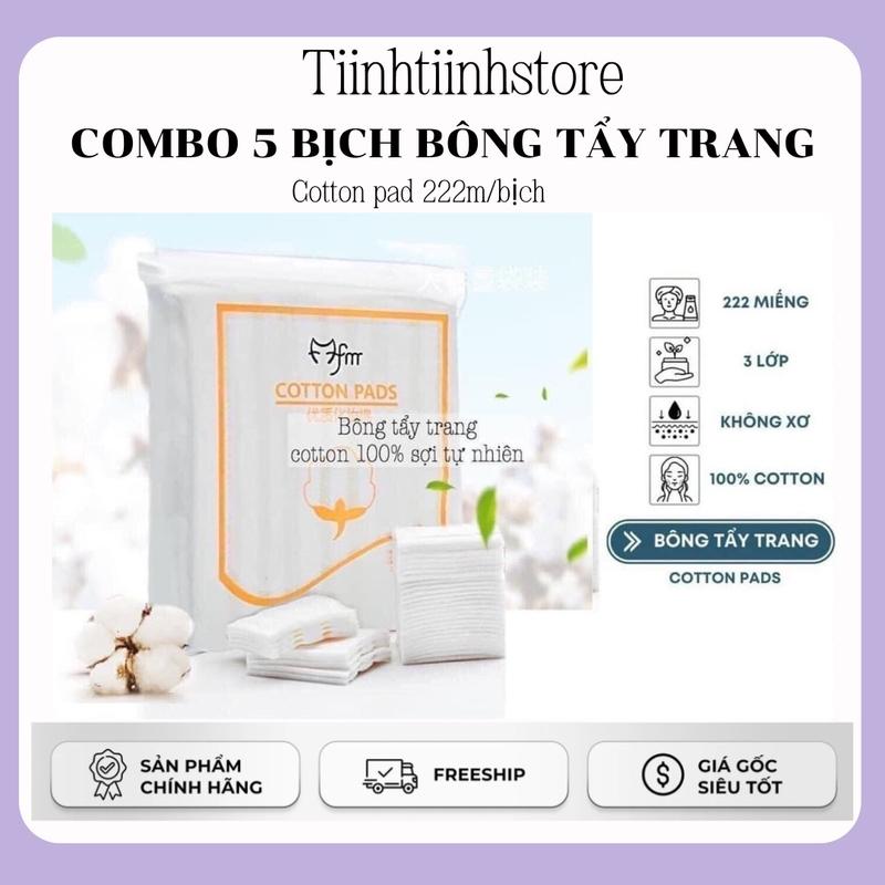 Combo 5 Bịch bông tẩy trang FM Cotton pads 222 Miếng/Bịch Mềm Mịn 3 Lớp Hàng Cao Cấp
