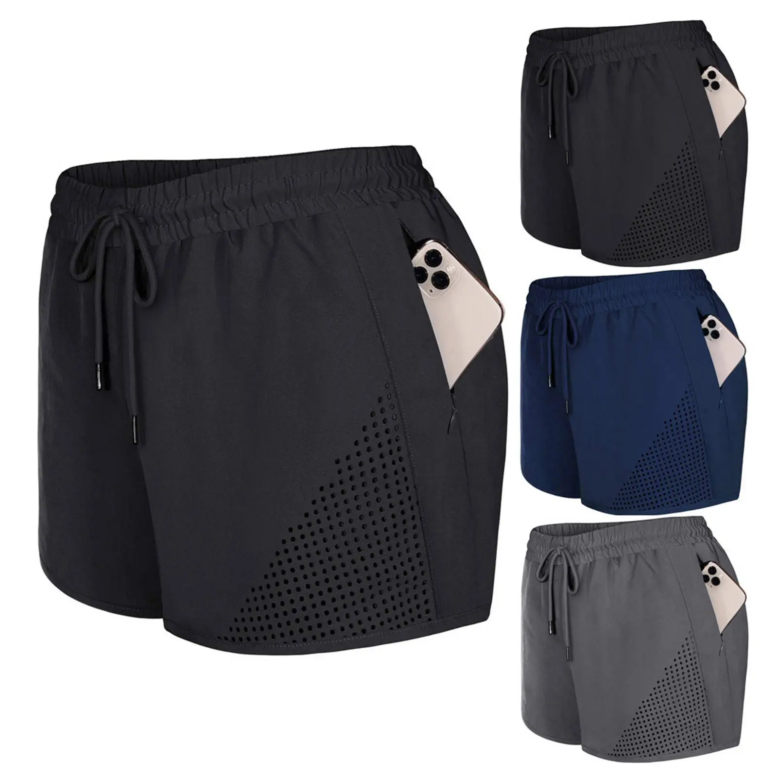 [DR] Hidden Zipper Pockets Loose Lounge Shorts with Breathable Holes Women Running Elastic Waist Drawstring Yoga Shorts Female Clothing