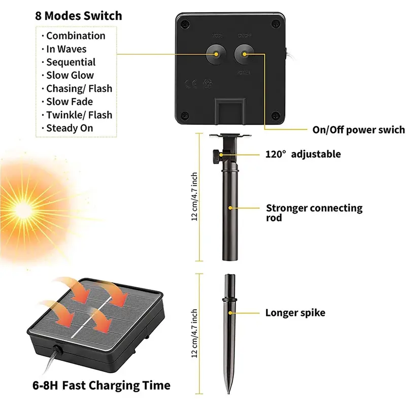Đèn năng lượng mặt trời, Đèn dây cổ tích LED, Không thấm nước, 8 chế độ ánh sáng, Có sẵn trong 103m / 52m / 42M / 32m / 22m / 12m / 7M, Thích hợp cho sân vườn, chủ đề, cây, trang trí đám cưới, quà tặng Giáng sinh và Năm mới 8