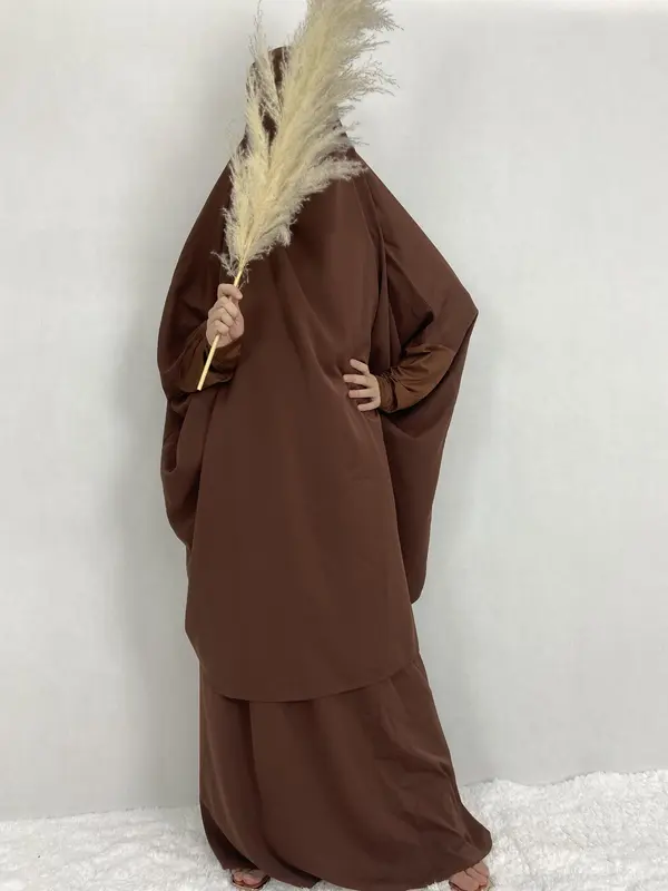 Women's Plain Knot Hooded Batwing Sleeve Abaya & Maxi Dress Set, Modest Two-piece Muslim Outfits for Daily Wear, Islamic Clothing for Spring & Fall 6