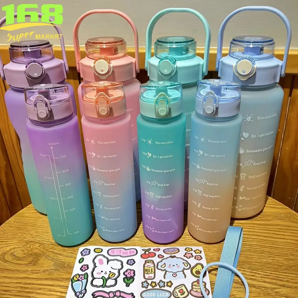 Combination 2L + 1L Space Cup Dual Use Student Cup Water Bottle with Time Marker and Straw - BPA