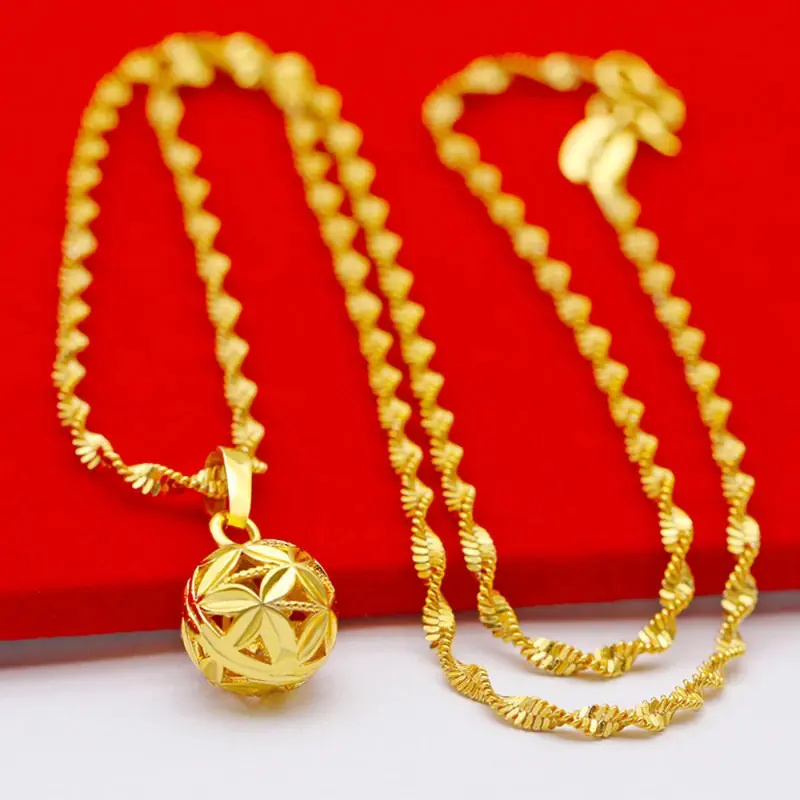 Pure Gold Color NECKLACS for Women Hollow Ball Pendant & Necklace CollIer Women's Wedding Bridance Jewelry Accessories