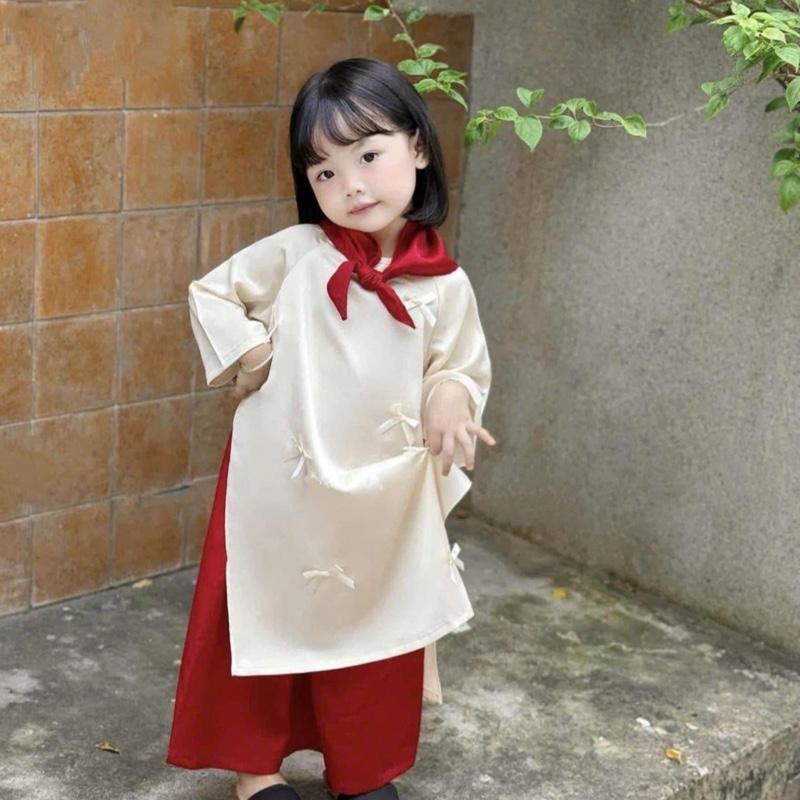 Áo Dài Tết lụa  Ngọc trai Cách Tân Cho Bé Gái 12kg - 34kg Tặng Kèm bờm Tóc Siêu Dễ Thương 3