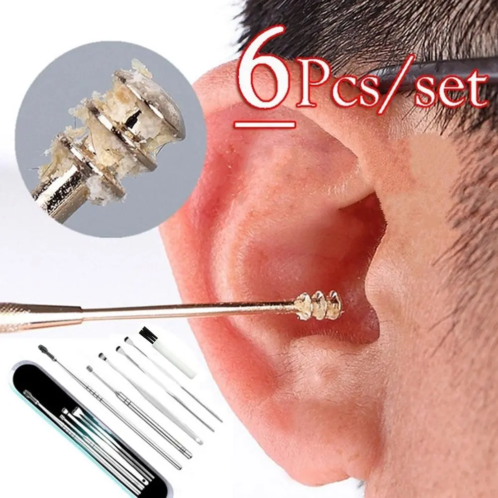 6pcs/set Stainless Steel Spiral Portable Earpick Spoon Ear Wax Remover Cleaner Ear Care Beauty Tool Kit