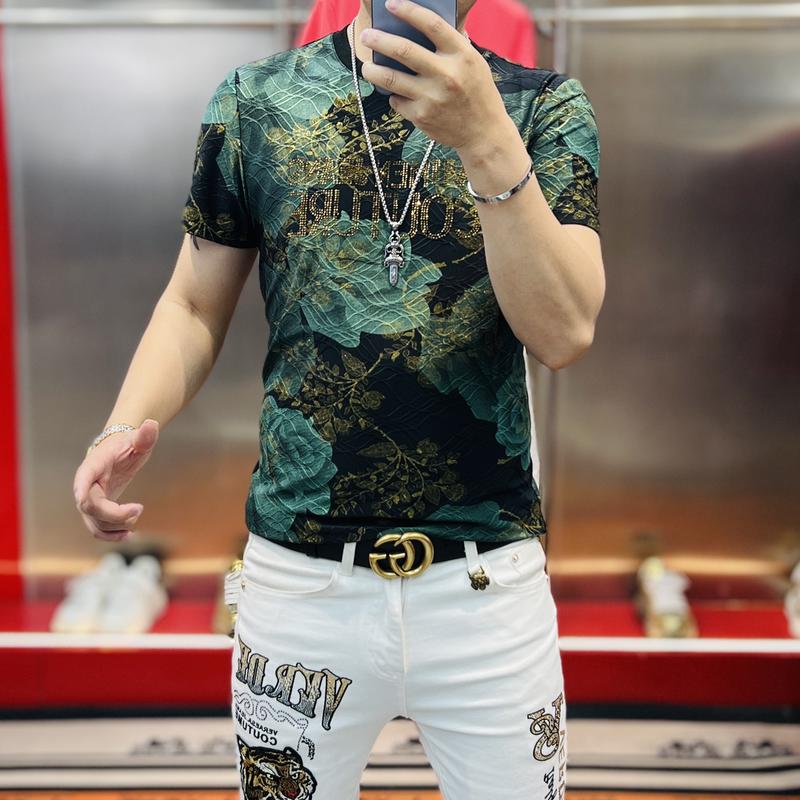 Áo Thun ngắn Tay Nam, Jacquard Rhinestone In Hoa Hồng, Thời Trang, Dễ Phối Đồ, Phong Cách Người Nổi Tiếng Trên Internet, Dáng Ôm, Hàng Mới Về Năm 2025 0