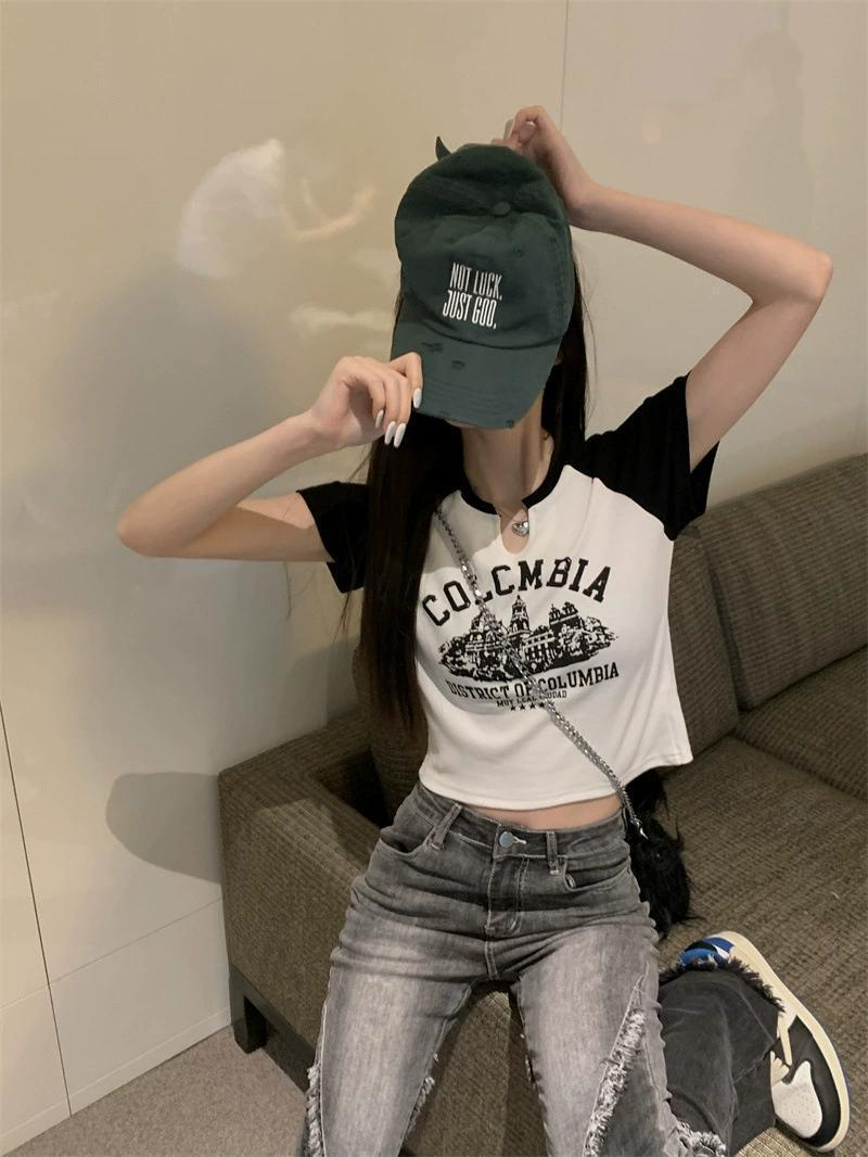 Product Introduction of Trendy V-Neck Short Sleeve T-Shirt for Women Spring Summer 25 Styles Sweet and Spicy American Retro Design Short Student Top Fashion 26