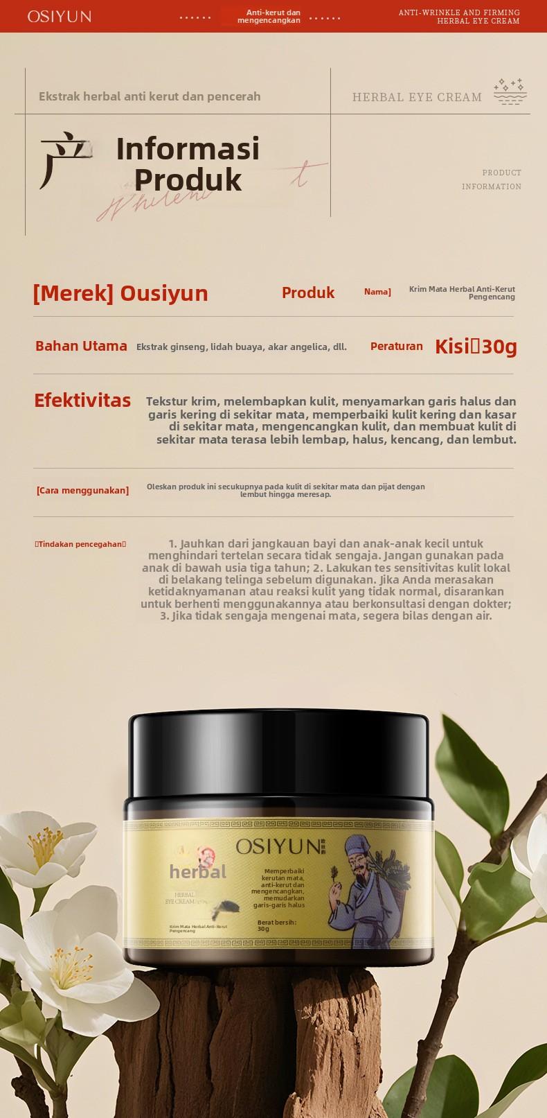 Krim Mata Herbal Anti-Kerut Pengencang Ousi Yun Paket Salon Kecantikan Melembapkan Menghidrasi Memudarkan Kantung Mata Lingkaran Hitam Perawatan Mata
