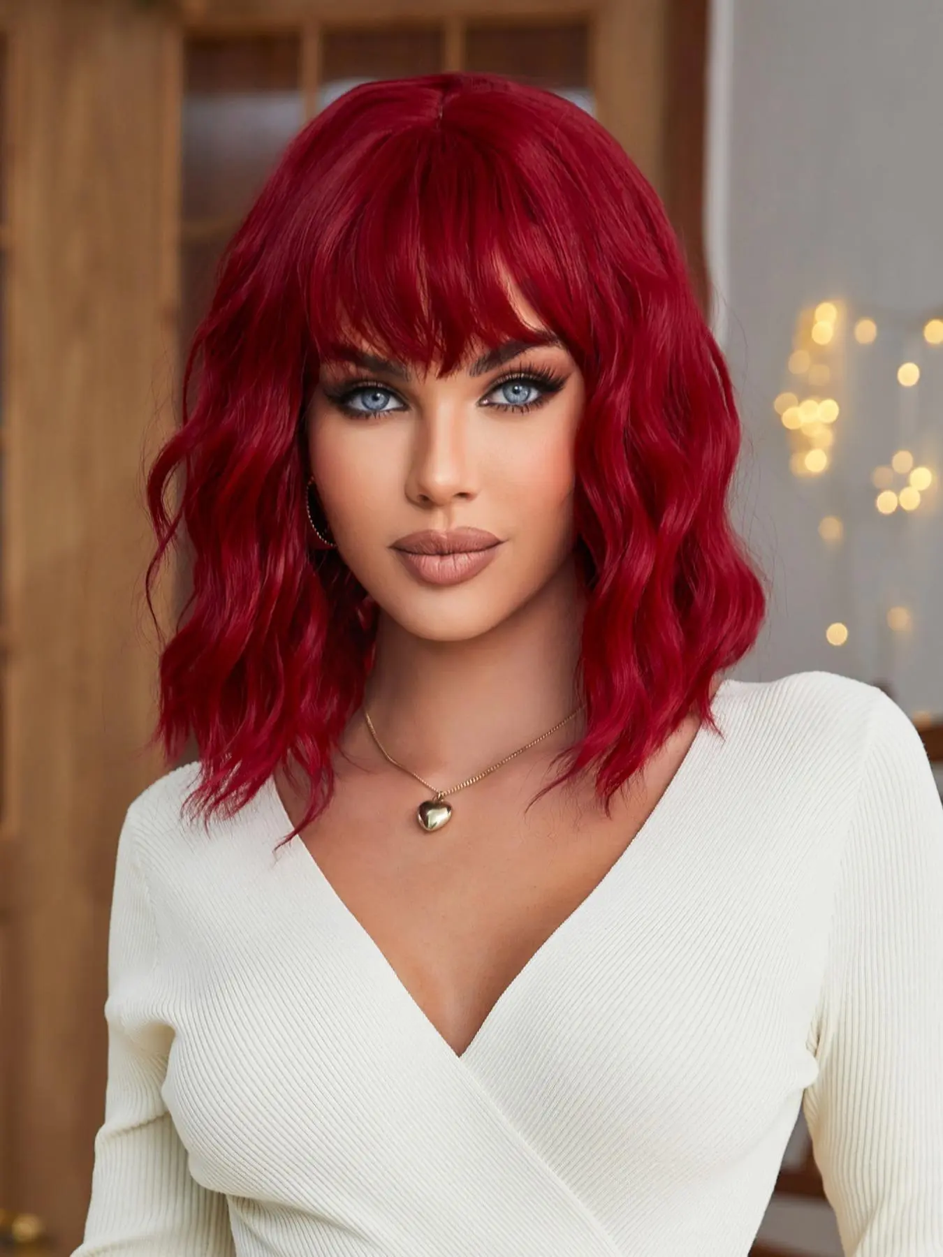 Short Water Wavy Wig, Gorgeous Fluffy Wigs with Blunt Bangs, Natural Look Synthetic Full Machine Replacement Wigs for Party, Daily Use