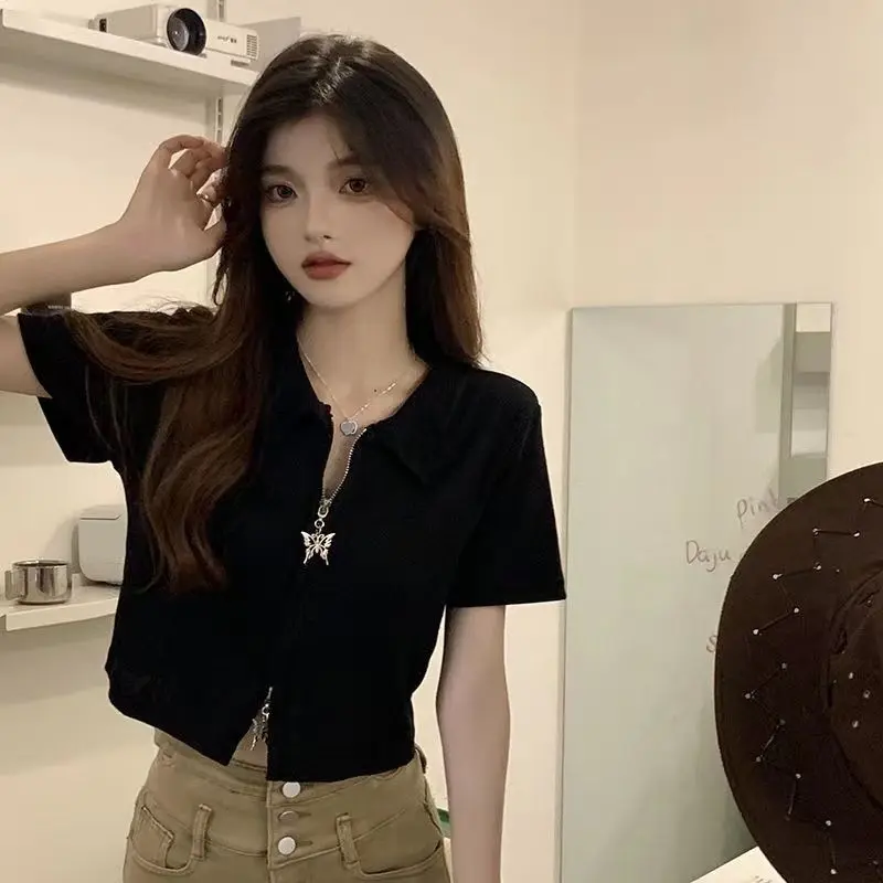 Áo Thun Có Cổ Polo Cho Nữ, Áo Có Khóa Kéo Đôi, Dễ Thương Và Gợi Cảm, Thời Trang Ngọt Ngào, Mỏng, Thiết Kế Giảm Béo, Mùa Hè, Mới Top Women Kem