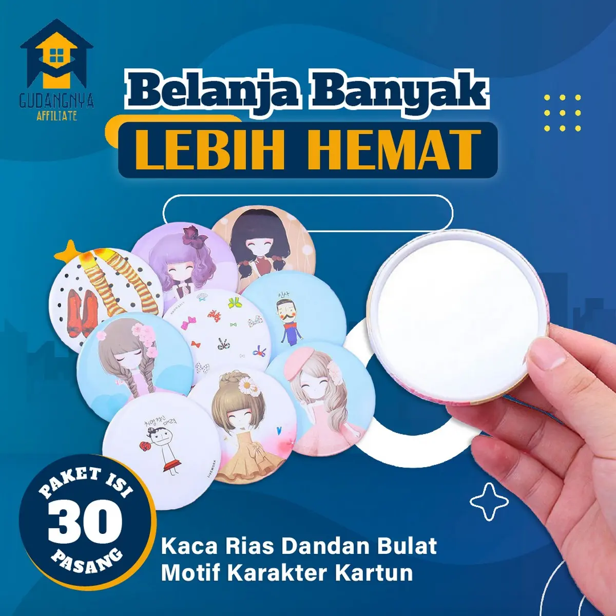 GD PAKET ISI 30BUAH K53 Kaca Rias Motif Karakter Kartun Cermin Dandan Bulat
