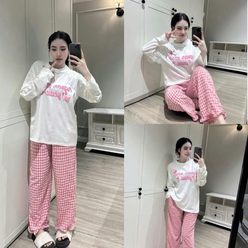 kèm dây cột tóc Set áo thun COTTON trắng tay dài in chữ NXY phối kèm quần caro hồng bèo Top Women Nữ
