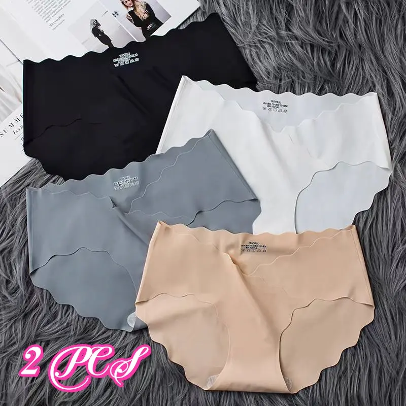 Đồ Lót Lụa Lạnh Không Đường May, Mỏng Mùa Hè, cạp vừa, Ngoại Cỡ Cho Nữ, Kháng Khuẩn, Đáy Quần Cotton Nguyên Chất, Thoáng Khí, 2 Chiếc, Dành Cho Nữ