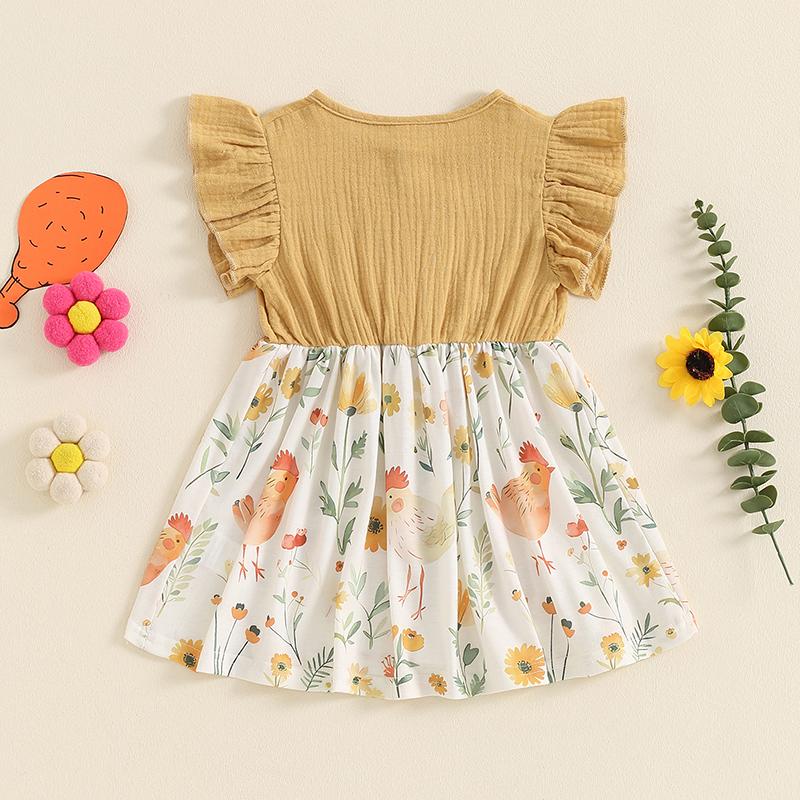 Product Introduction of Girls A-line Dress, Fly Sleeve Crew Neck Bow Chicken Print Casual Dress Summer Dress 45