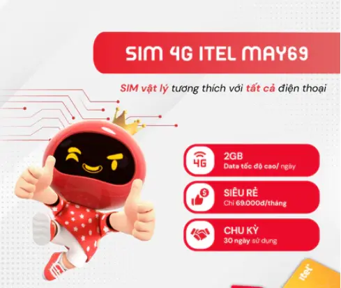 Sim Itel 4G MAY69 - Cước Tháng Đầu Miễn Phí - Ưu Đãi 60GB/Tháng (2GB/Ngày) - Sóng Vinaphone Bao Khỏe - DK Chính Chủ