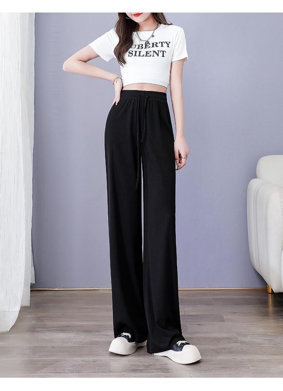 Product Introduction of Ice Silk Wide-Leg Pants Women's 2024 Summer Thin High Waist Drooping Slim Anti-Mosquito Casual Loose Straight Mop Trouser Womenswear Bottom Lingerie 28