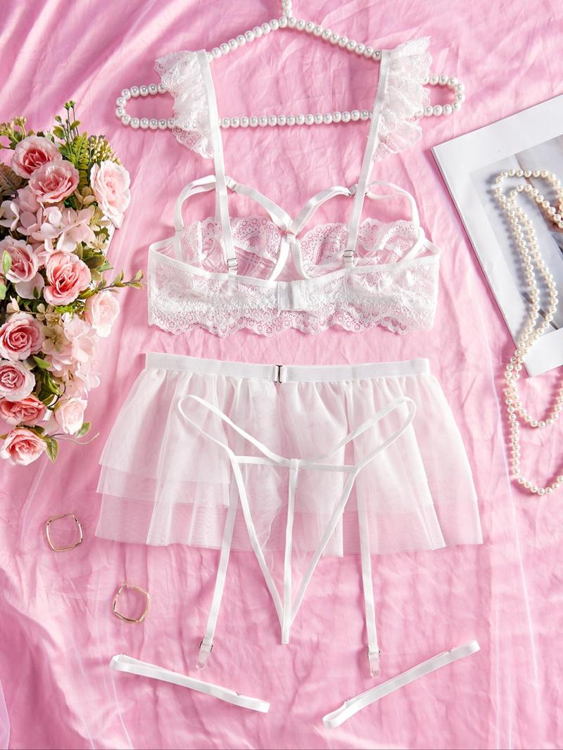 Product Introduction of "Sensual Lace Lingerie Set: Cut-Out Bra, Thong & Garter Belt with Thigh Ring - Perfect Valentine's Day Gift for Her" Womenswear Comfort Bridal Pink 13