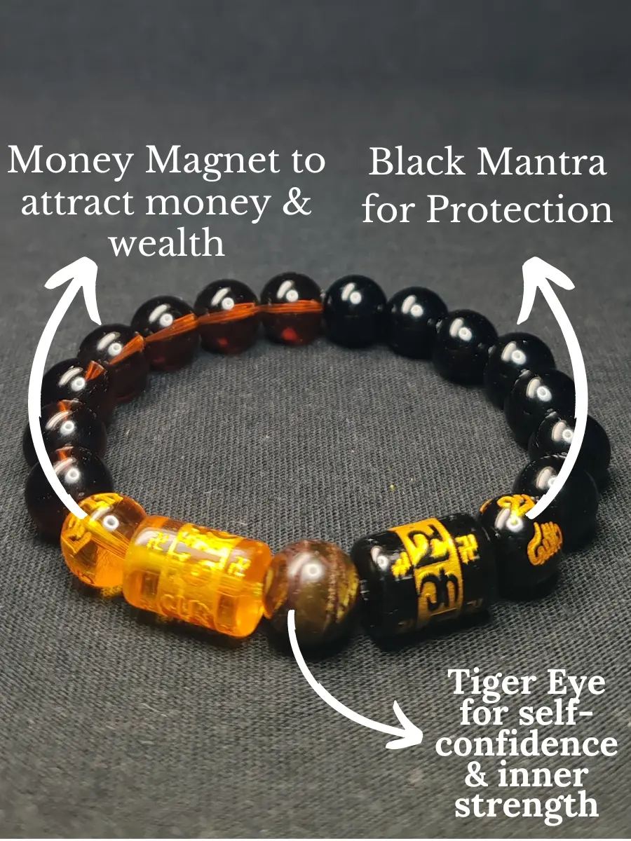 Money Magnet Orange and Black Mantra Lucky Charm Elastic Bracelet to Attract money/Chinese Feng Shui