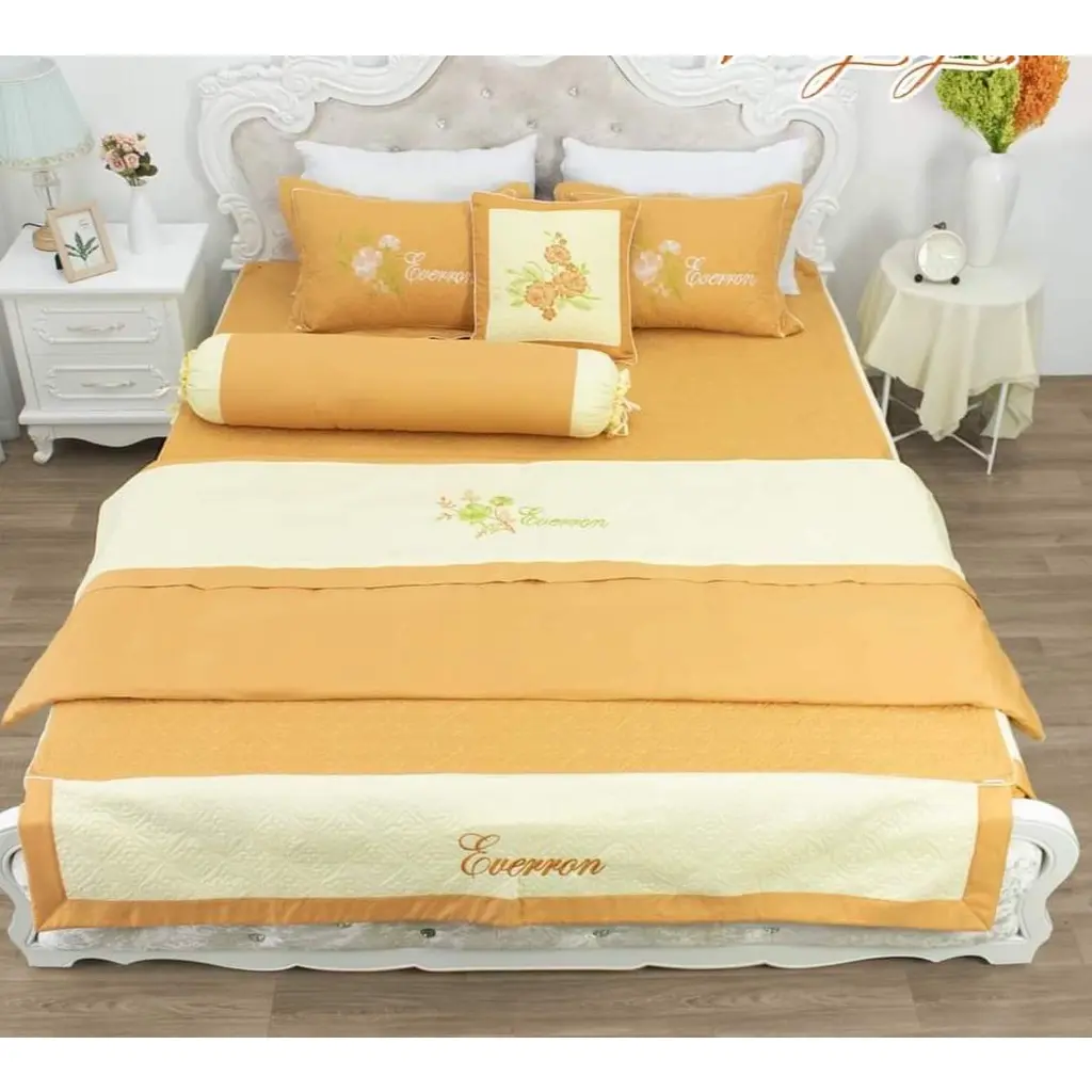 Bộ chăn ga 7 món trần bông s  a t i n thêu hoa