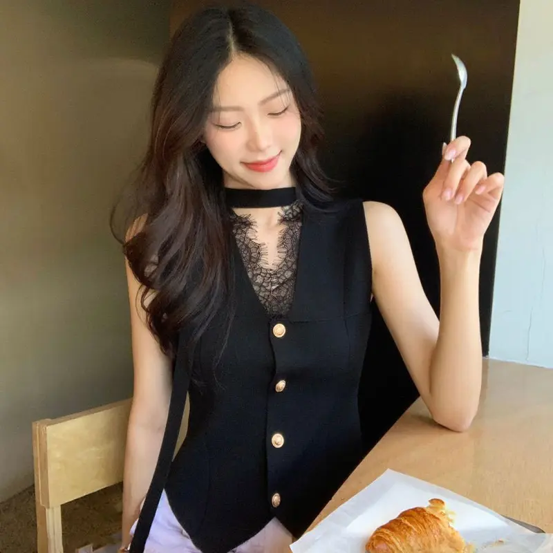 Áo Ba Lỗ Dệt Kim Cổ Chữ V, Trang Trí Ren Kiểu Pháp, Không Tay, Áo Cơ Sở, Để Lớp Nếp Nữ Women Top Denim 4