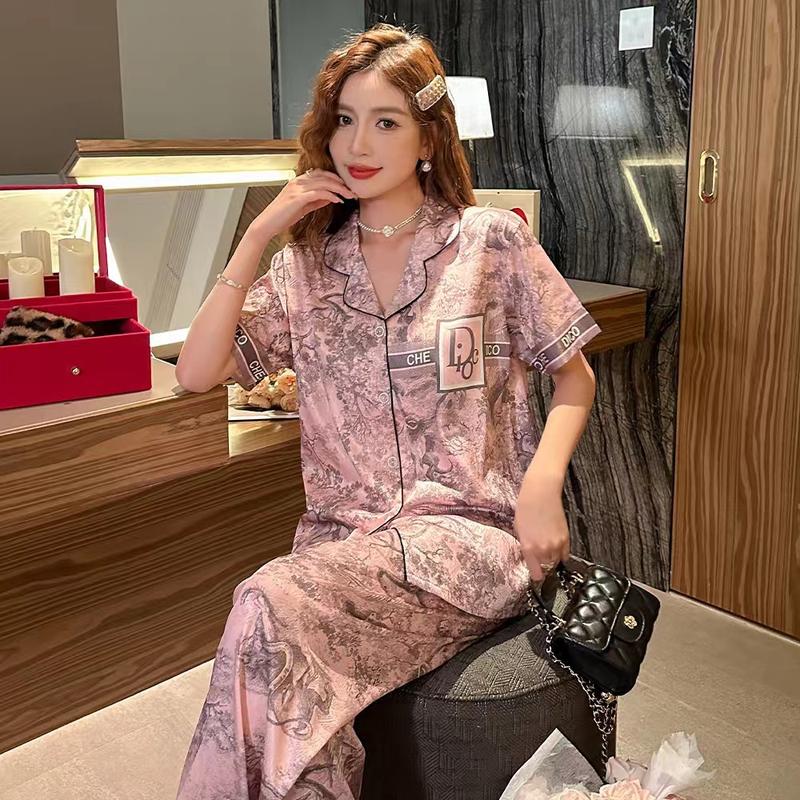 Piyama wanita kardigan sutra es baru yang dipakai di rumah dengan tinta set Celana Panjang Pendek Satin Atasan Setelan 6